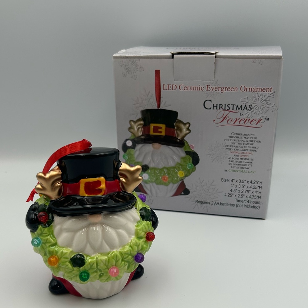 *New* LED Ceramic Christmas Buckle Hat Gnome Ornament (Timer/“On”/“Off” Feature)